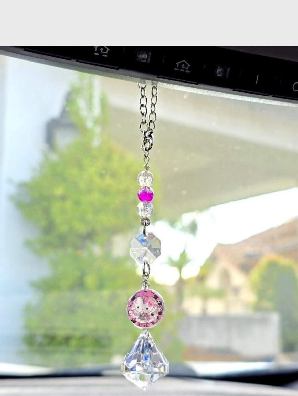 Handmade Pink Car Rearview Mirror Charm, Hello Kitty Car Charm, Crystal Beaded C